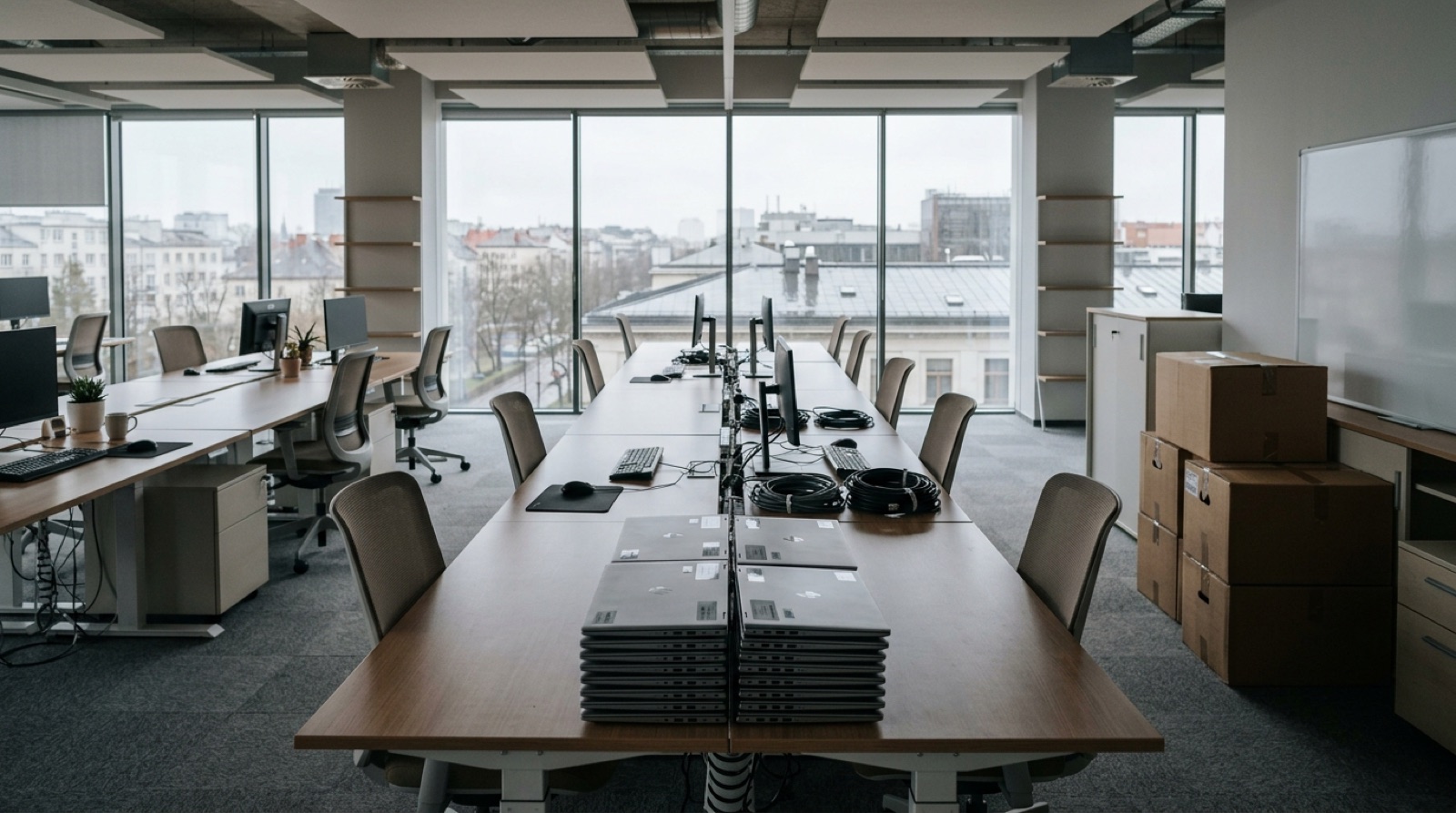 An empty office after a company closed, with returned laptops stacked on a desk and boxes by the wall.
