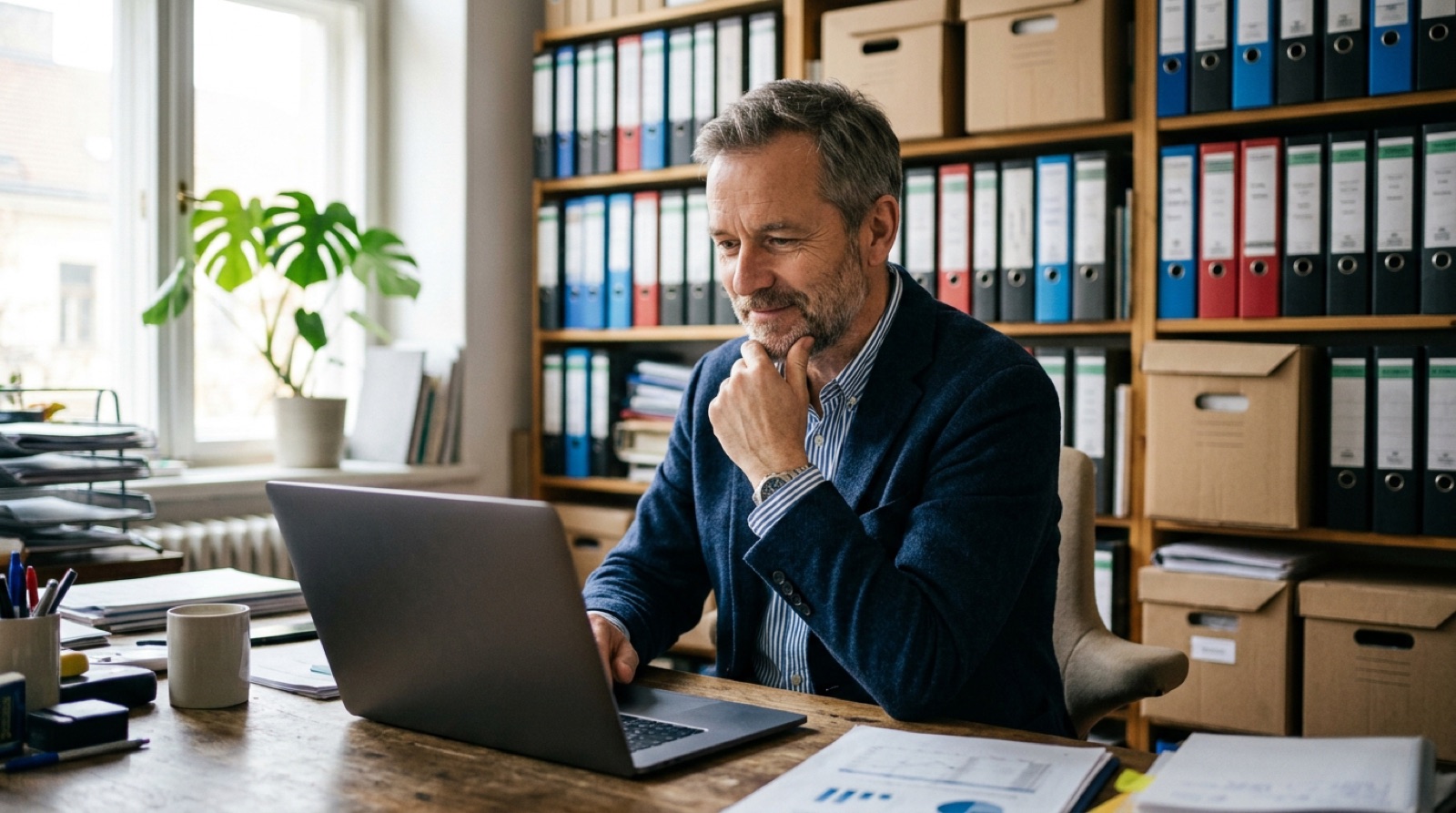 The owner of a small company at a laptop, with shelves of binders and archive boxes behind them.