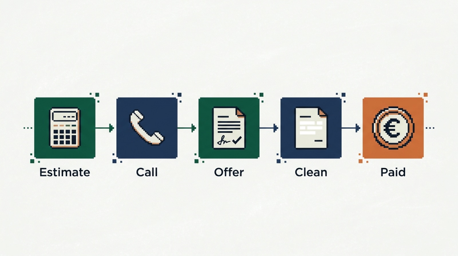 Five steps of selling business data to Lodex: estimate, call, offer, clean and paid.