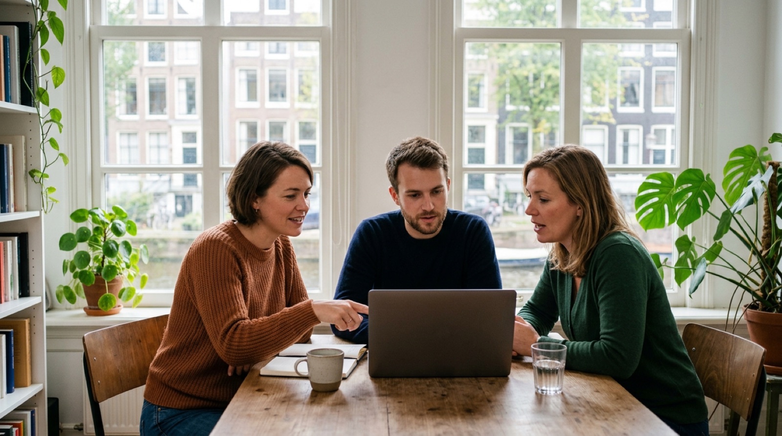 Three colleagues at a table in a canal-side office going through their company's data sources on a laptop.