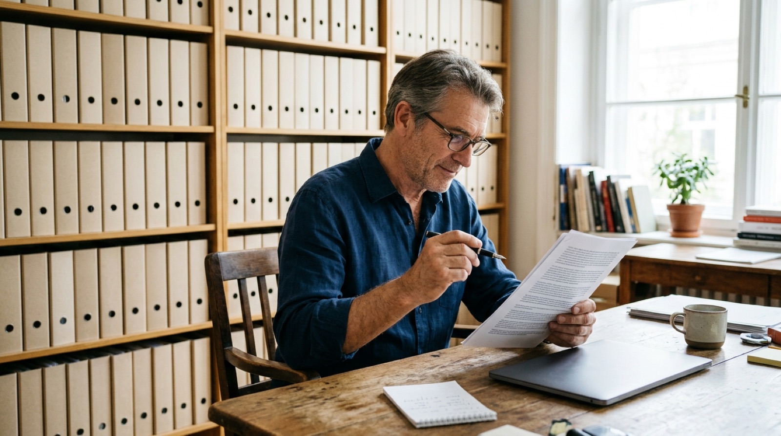 Een ondernemer aan een bureau leest een geprinte overeenkomst, met archiefordners op de planken achter zich.