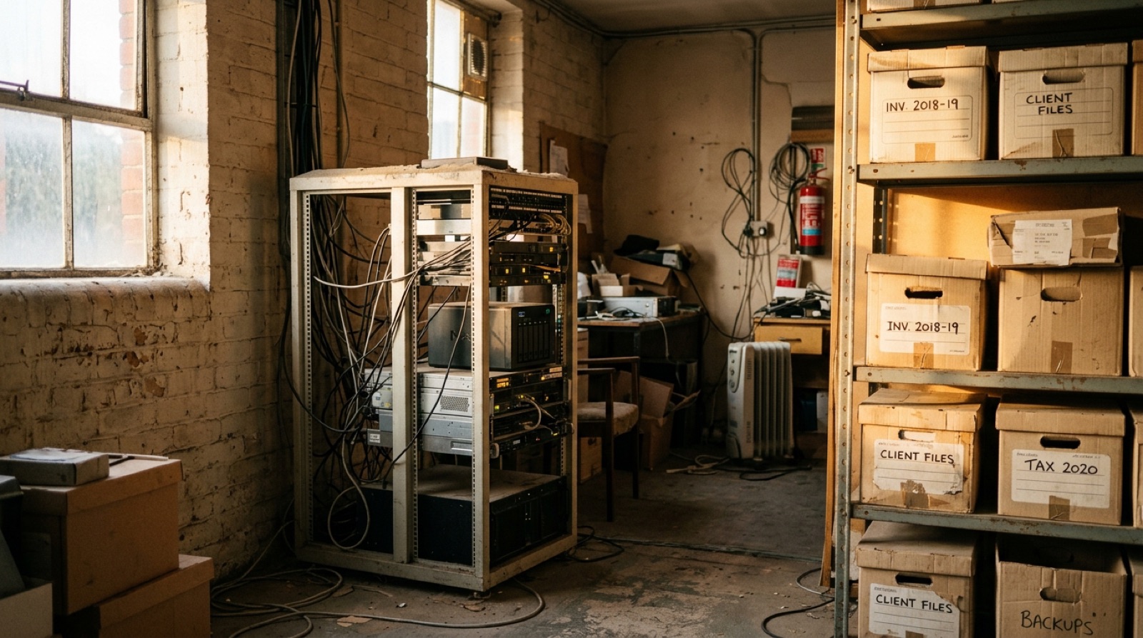 A small back room with an old server rack and shelves of labelled archive boxes.