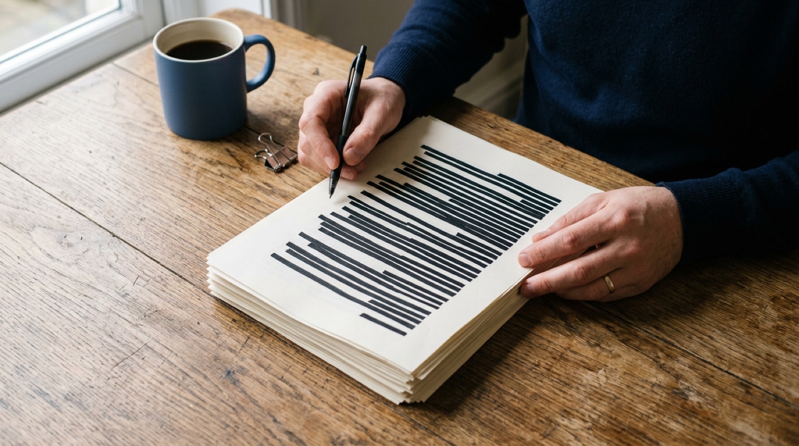 Hands reviewing printed pages with most lines blacked out.