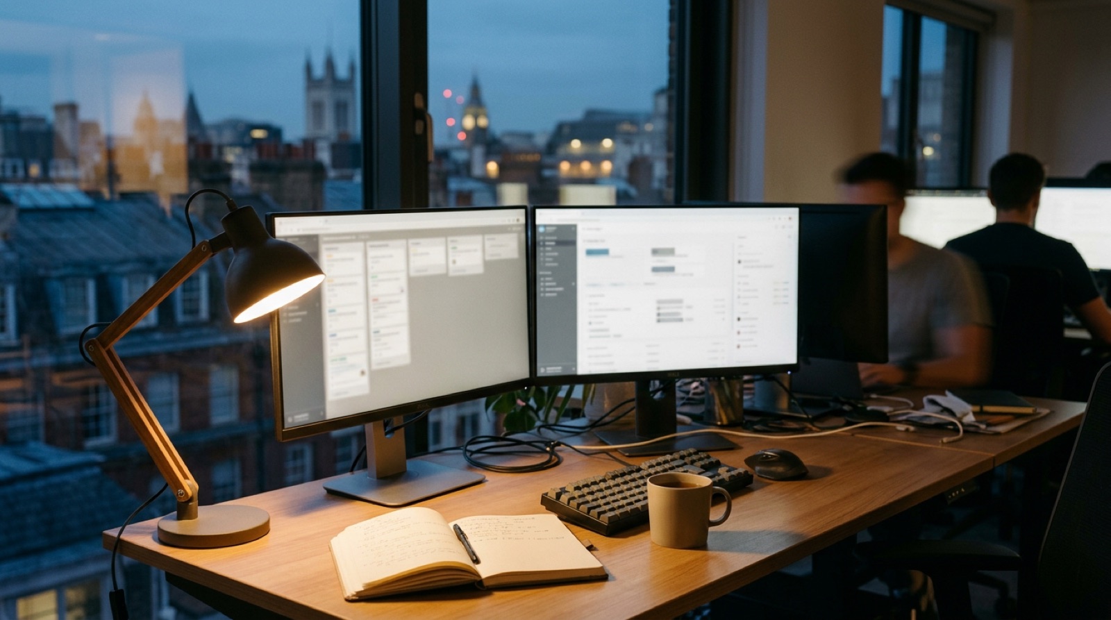 A software team's desk at dusk with a task board and work chat on two monitors.